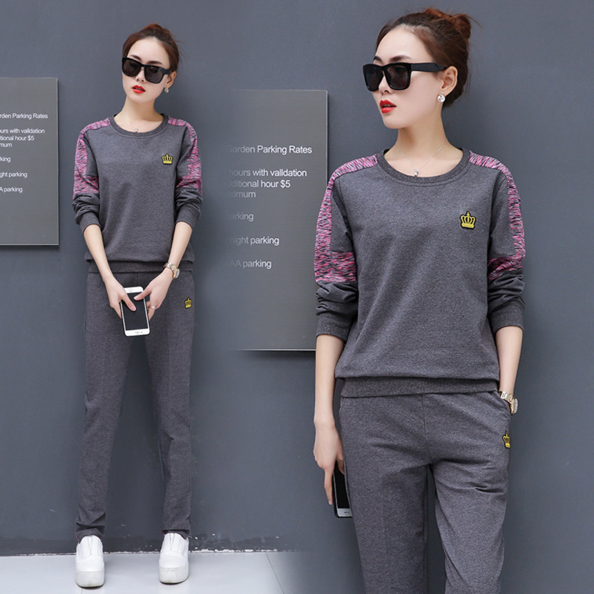 

leisure sports suit spring autumn new 2019 korean fashion women's round neck long sve sweater shows thin and trendy women, Gray