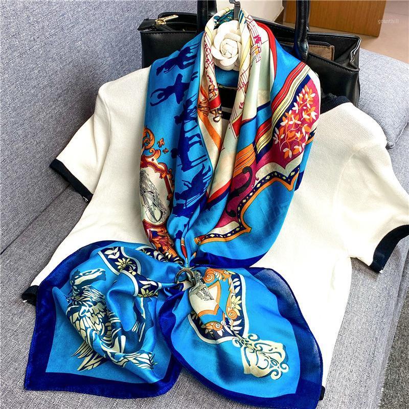 

Scarves 2021 Spring Silk Square Scarf 90 Color White Ladies 100% Natural Ribbon Flower Wholesale Customization, Blue;gray