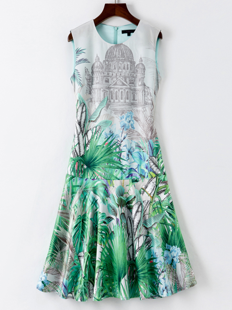 

Castle Print Women A-Line Dress Sleeveless Round Neck Dresses, As pictures