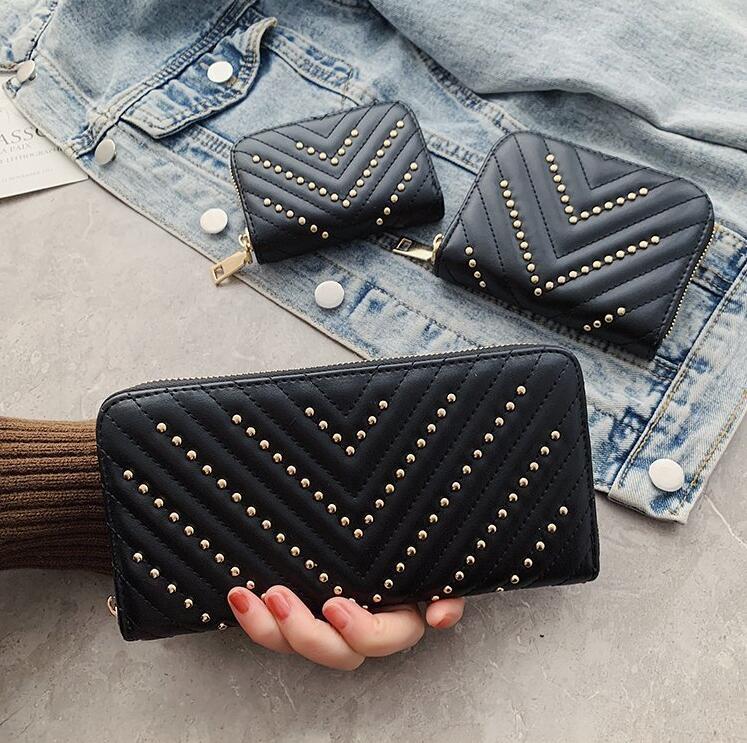 

Factory wholesale women handbag street fashion rivet punk wallet personality Joker Thread leather womens wallets fashions stripes storage zipper Card bag, Black3