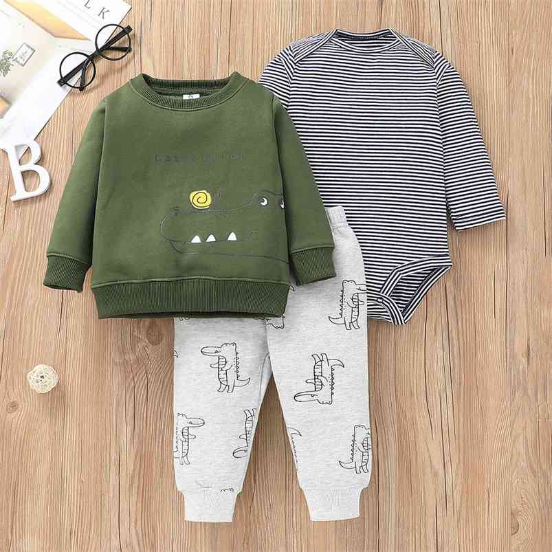 

Winter Children Sets Long Sleeve O Neck Striped Rompers Green Print Dinosaur Coat White Pants 3Pcs Girls Boys Clothes 210629