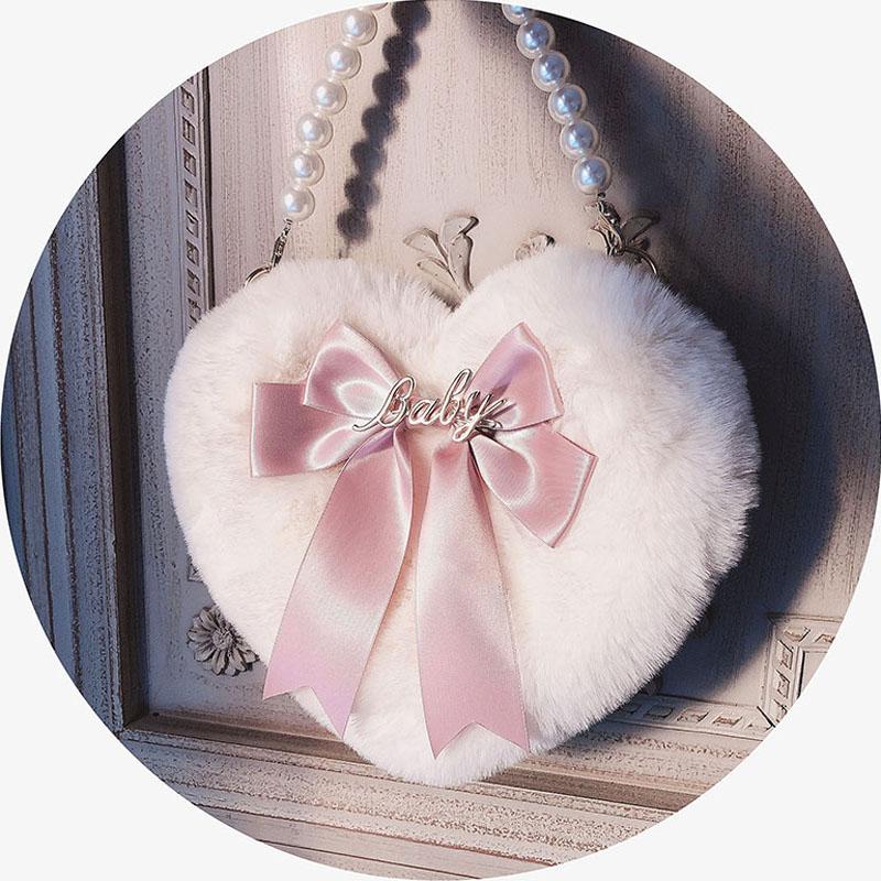 

Sweet Heart-shaped Lolita Girl Messenger Bag Harajuku Plush Bow JK Uniform Cute Furry Chain Shoulder Handbag D327 He School Bags