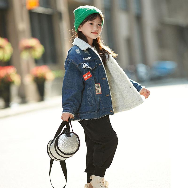 

Jackets Girls Autumn And Winter Clothes Denim Jacket Plus Velvet 2021 Fashion Lamb Girl Thick Short Top, Blue;gray