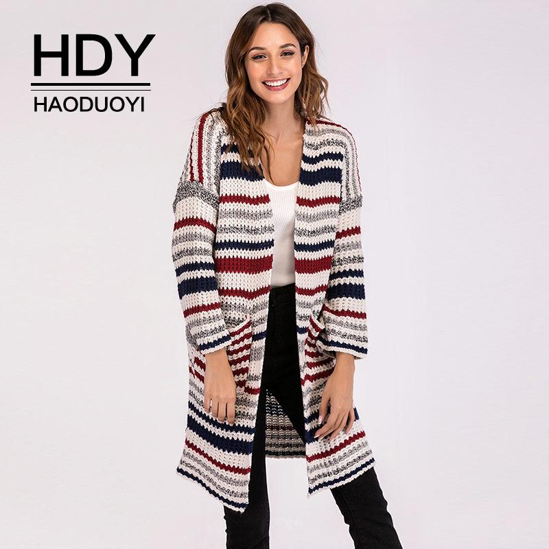 

Women's Sweaters HDY Haoduoyi 2021 Winter Warm Cardigan Women Sweater Striped Casual Knitted Tops With Pocket Long Style Open Stitch, Picture color