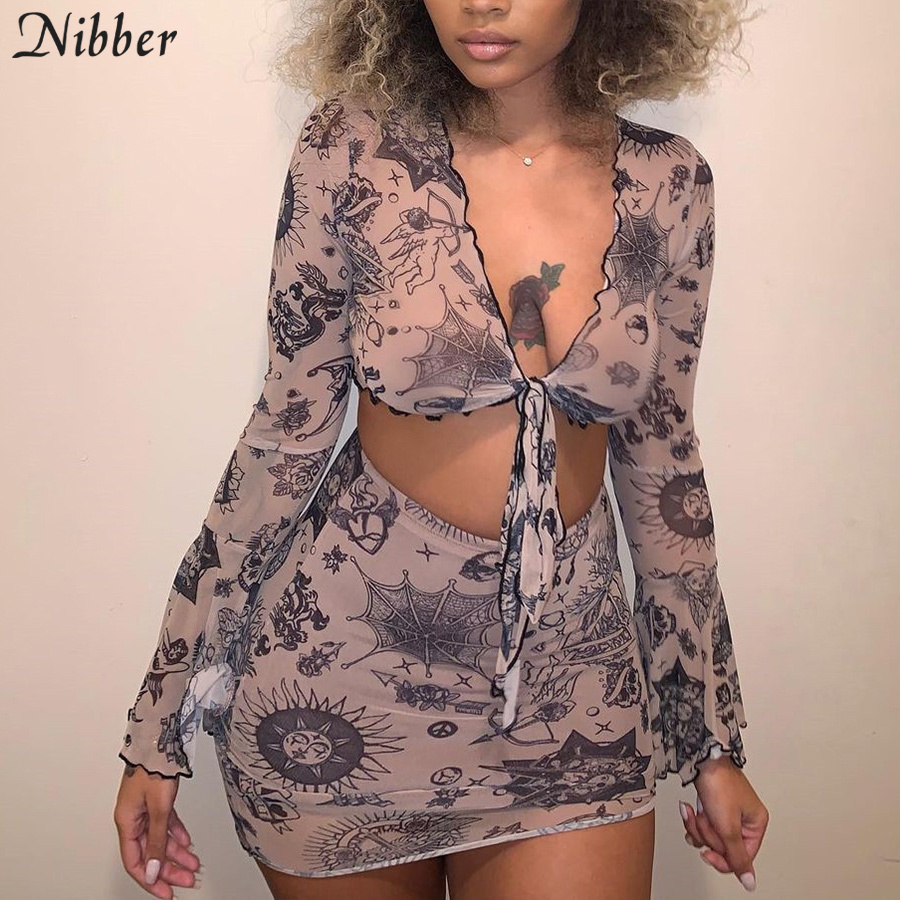 

Nibber Sexy V-Neck See through Graphic printing 2 Two Pieces Sets For Women's Street Full Sleeve Tee shirt Skirts Suits Female C0402, Black