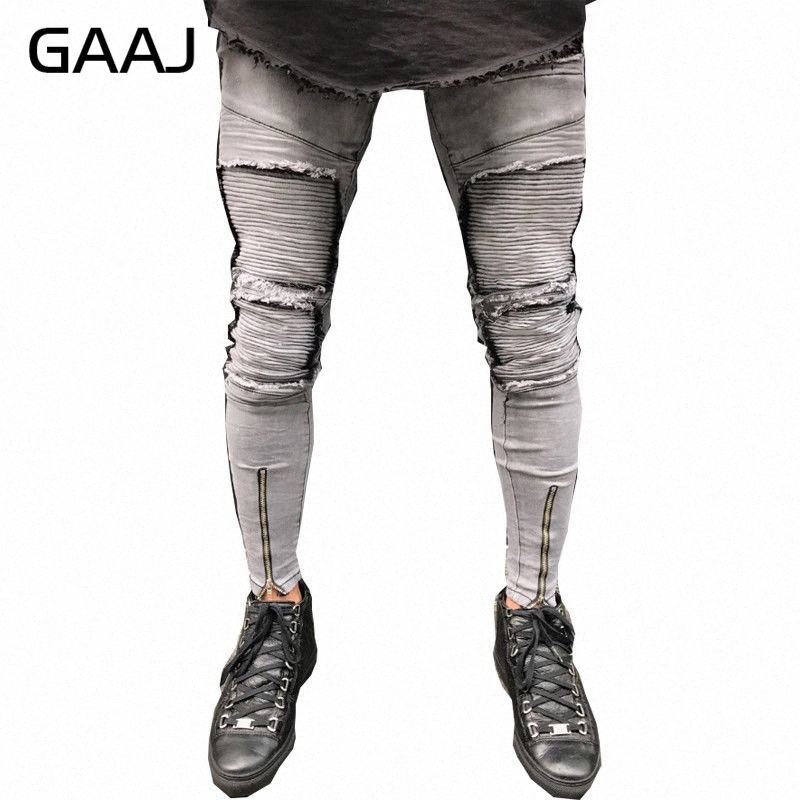 

gaaj new 2018 gray jeans men hem zipper stretch knee ripped biker jeans men hole skinny pleated patchwork male pants #hjv4x z2x0#, Blue