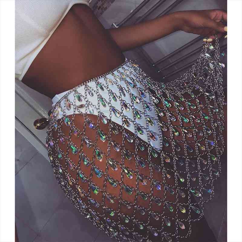 

bling metal chain diamonds women skirt sequin besummer beach hollow colorful gem queen crystal night club party skirts, Black