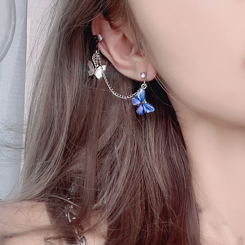 

New Korean Statement Earrings for women Blue Cute Butterfly Geometric Dangle Drop Chain Earrings Ear Clip 2021 Fashion Jewelry, Silver