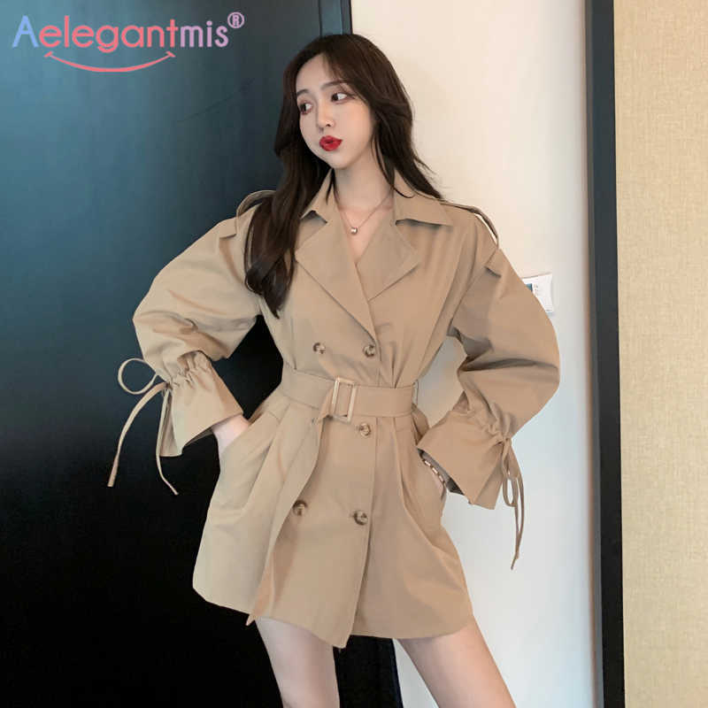 

Aelegantmis Double Breasted Women Short Trench Coat High Waist Slim Women's Windbreaker Outwear with Belt Ladies Outerwear Black 210607