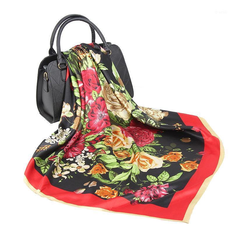 

Scarves Elegent Women Square Silk Satin Hijab Scarf 90*90 Russian Floral Pattern National Bandana Fourlard Femme Hair, Blue;gray