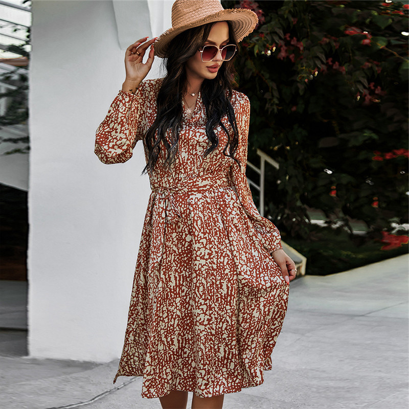

Vintage Leopard Print Casual Full Sleeve High Waist Spring Long Bandage Dress For Women New Elegant, Black