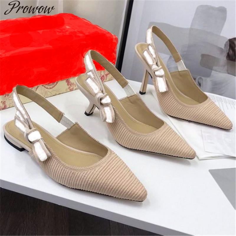 

Prowow Striped Knitted Pumps Embroidery Fabric Single Shoes Pointed Toe Shallow Mouth Bowknot Stiletto Dress, Black