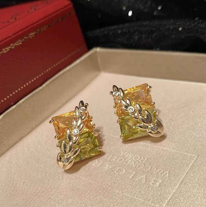

Stud Candy Color Transparent Square Earring For Women Personality Creative Wheat Ears Flowers Leaves Stitching Crystal Sweet Pierced, Golden;silver