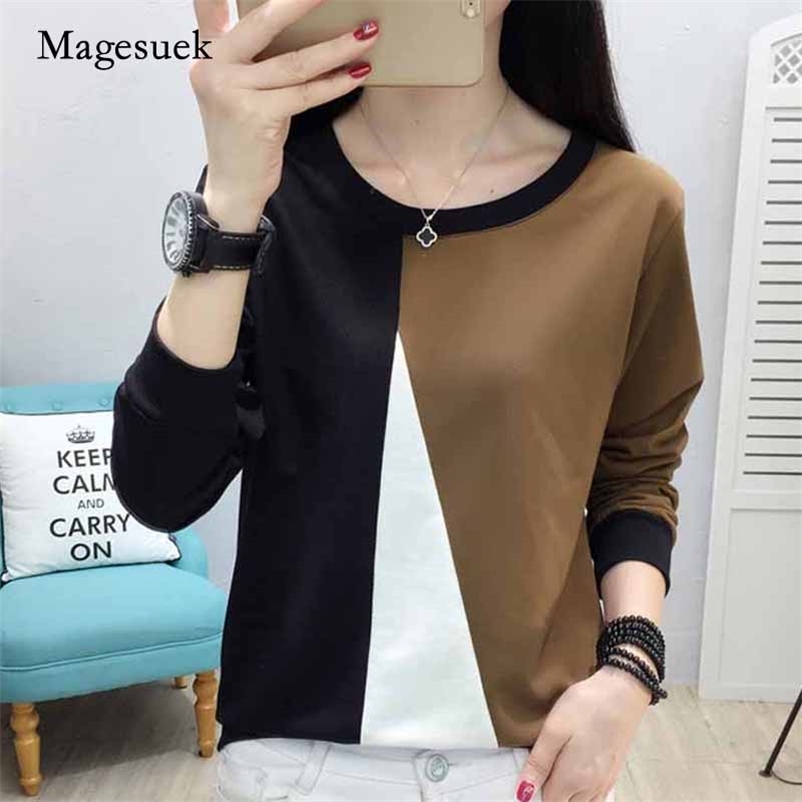 

Long Sleeve Autumn Patchwork Tops O-neck Plus Size Pullover T-shirt Women Fashion Blusa Feminina 1006 40 210518, 8728