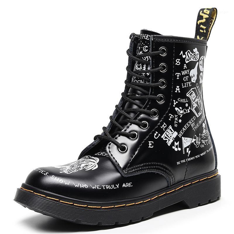 Bottes en cuir Haut-Top Mode Femme Crâne Hur Hommes et Femmes Graffiti Tête ronde Chaussures de moto