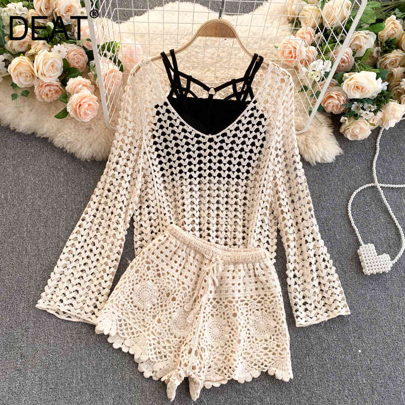 

Women Hollow Out Belt Knitting Shorts Arrivals Two Piece Set Fashion Sexy Spring Summer 11D58 210525, Apricot
