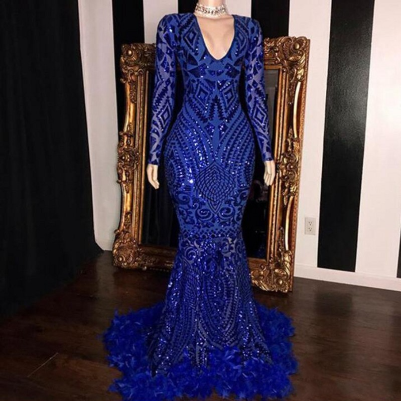 

Royal Blue Mermaid Prom Dresses Deep V Neck Long Sleeves Feathers Formal Dress Evening Gowns Sequined robe de soiree CG001, Black