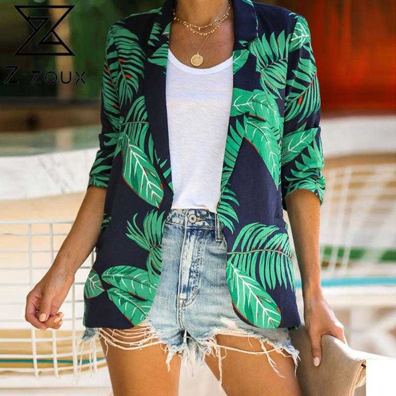 

GetSpring Women Blazer Leaf Printed Green Coat Three Quarter Sleeve Single Breasted Women's Slim Suit Jacket Autumn 210524