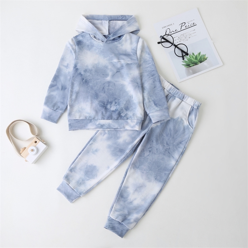 

Winter Children Sets Casual Boys Long Sleeve Hoodie T-shirt Pocket Elastic Band Pants Tie-dyed Clothes 2T-6T 210629, Blue