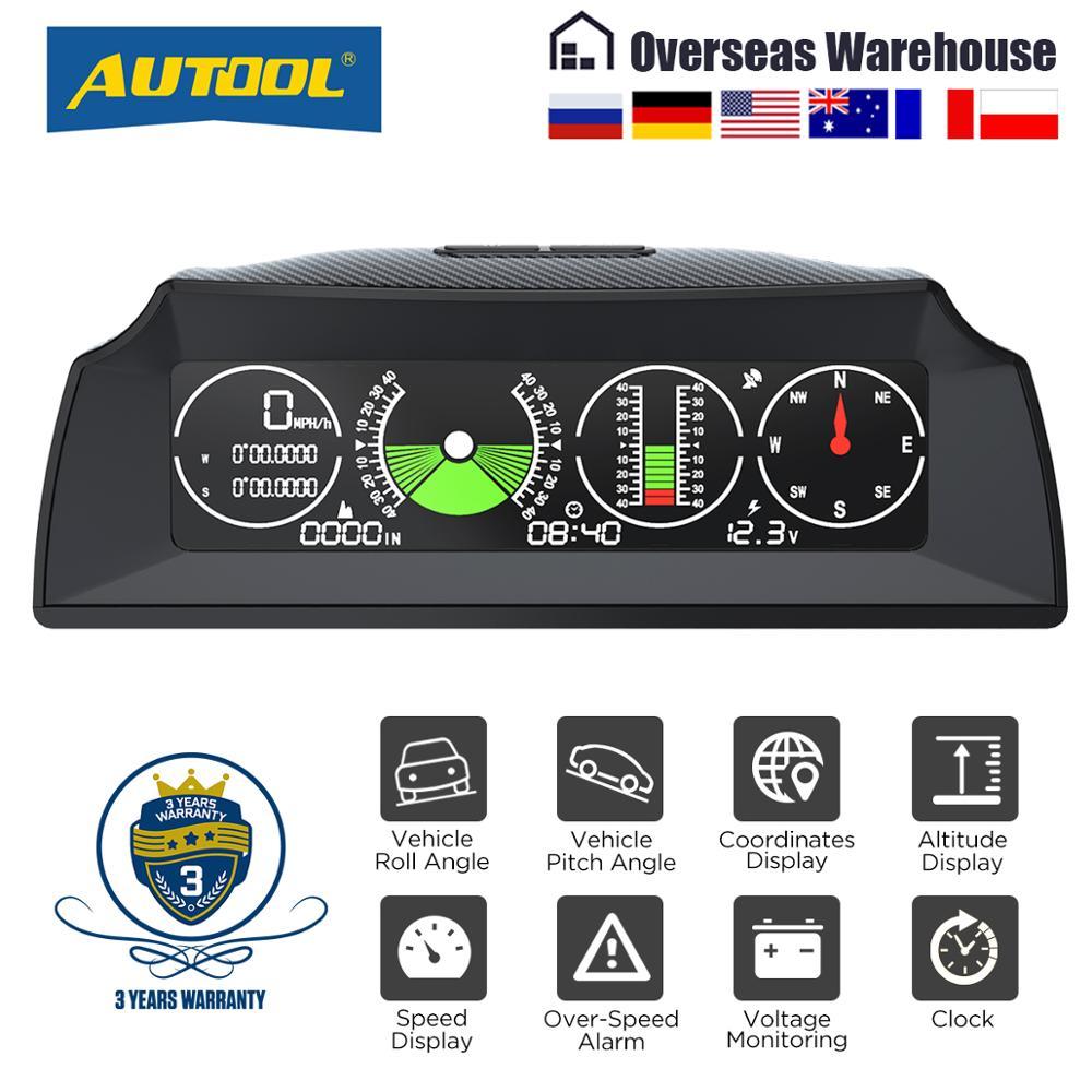 

AUTOOL X90 GPS/OBD2 Speed PMH KMH Slope Meter Inclinometer Car Compass HUD Pitch Tilt Angle Protractor Clock Latitude Longitude