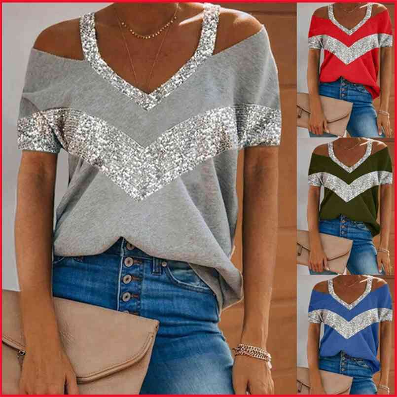 

Sequins Patchwork Sexy Off Shoulder Top Summer Halter V-neck Short Sleeve T Shirt Plus Size Tees Tshirts Womans Clothing 210708, Light purple
