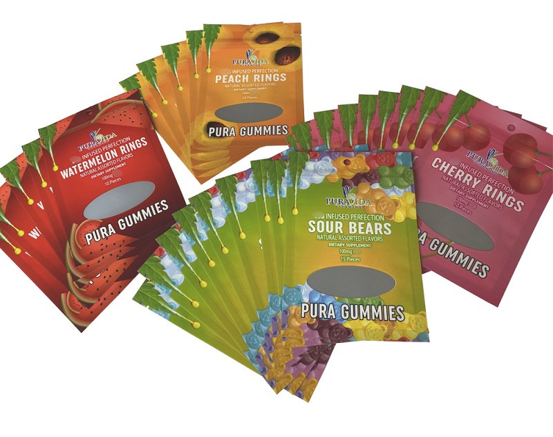 

pura gummies 100mg mylar bag edibles packaging bags with window resealble zipper three side seal smell proof plastic pouch