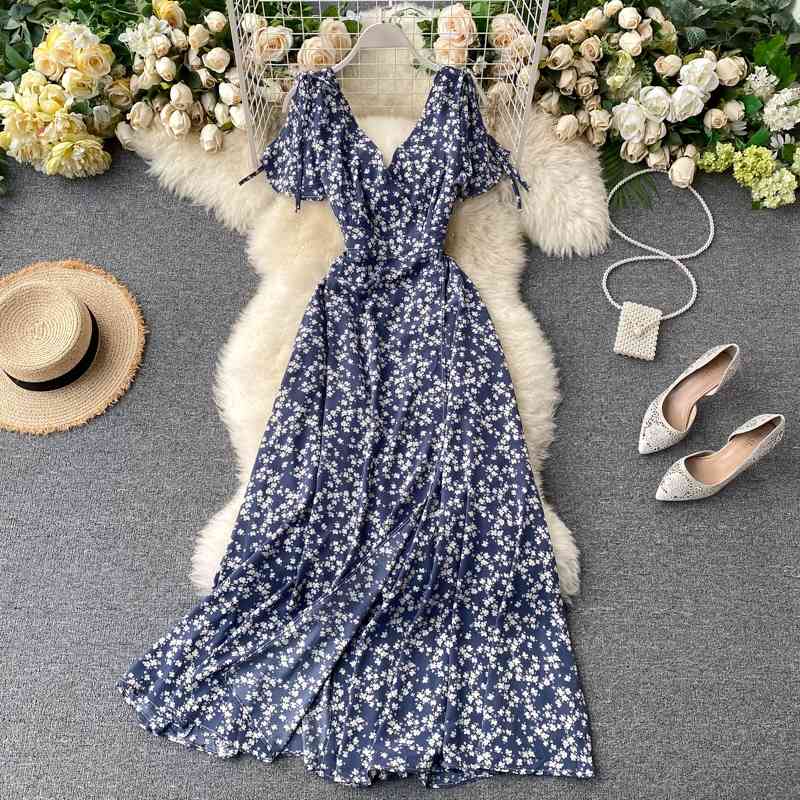 

Women Vintage Maxi Dress Summer Short Sleeve V Neck Sexy Bohemian Elegant Ladies Floral Printed Party Long Robe Femme 210602, Beige