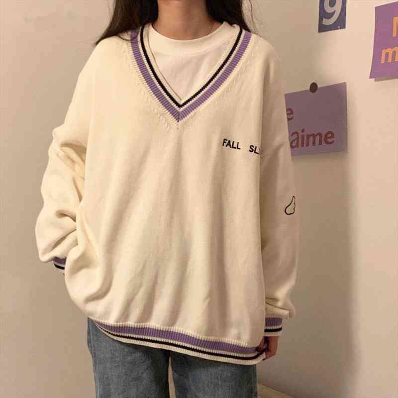 

Sweaters Women Ulzzang Letter Chic Vintage V-neck Daily Oversize Preppy Girls Knitwear Fall Casual All-match Womens Sweater, White;black