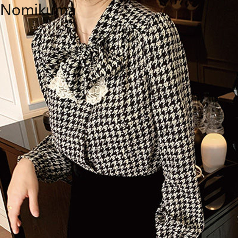 Nomikuma Vintage Plaid Blouses Women Spring Bow Tie Collar Shirt Causal Long Sleeve Elegant Blusas Top Camisas Mujer 6G384 210427