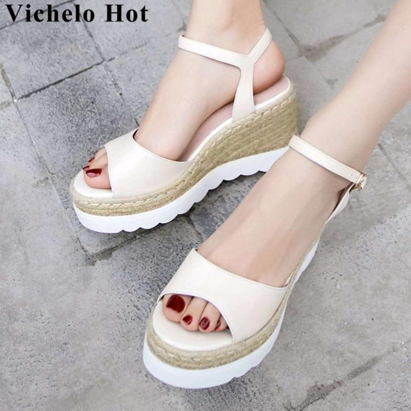 

Vichelo Cow Leather Buckle Strap Peep Toe Straw Decoration Women Sandals European Style High Heels Wedges Platform Shoes L11, Black
