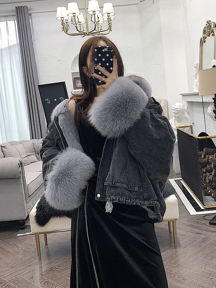 

Denim Parka Women Winter Jacket Real Fox Fur Collar Cuffs Rabbit Lining Warm Loose Outerwear Streetwear Removable