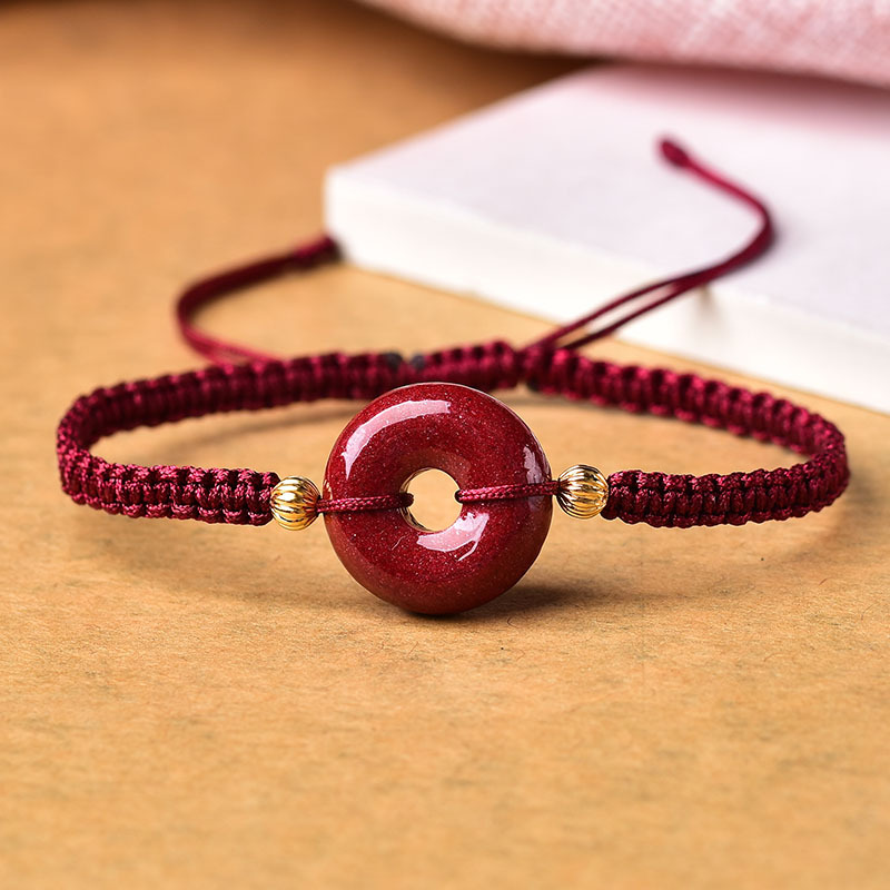 

Natural Cinnabar Safety Button Handmade Tibetan Buddhist Braided Bracelets Knots Lucky Red Rope Bangle Size Adjust