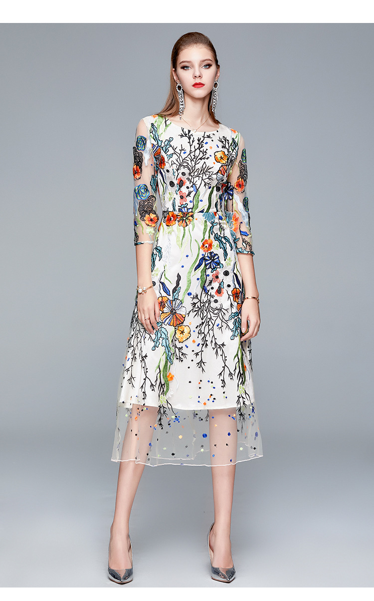 

Early autumn women dress 2020 floral skirt round neck three-quarter sleeves heavy embroidery gauze dresses, As the picture