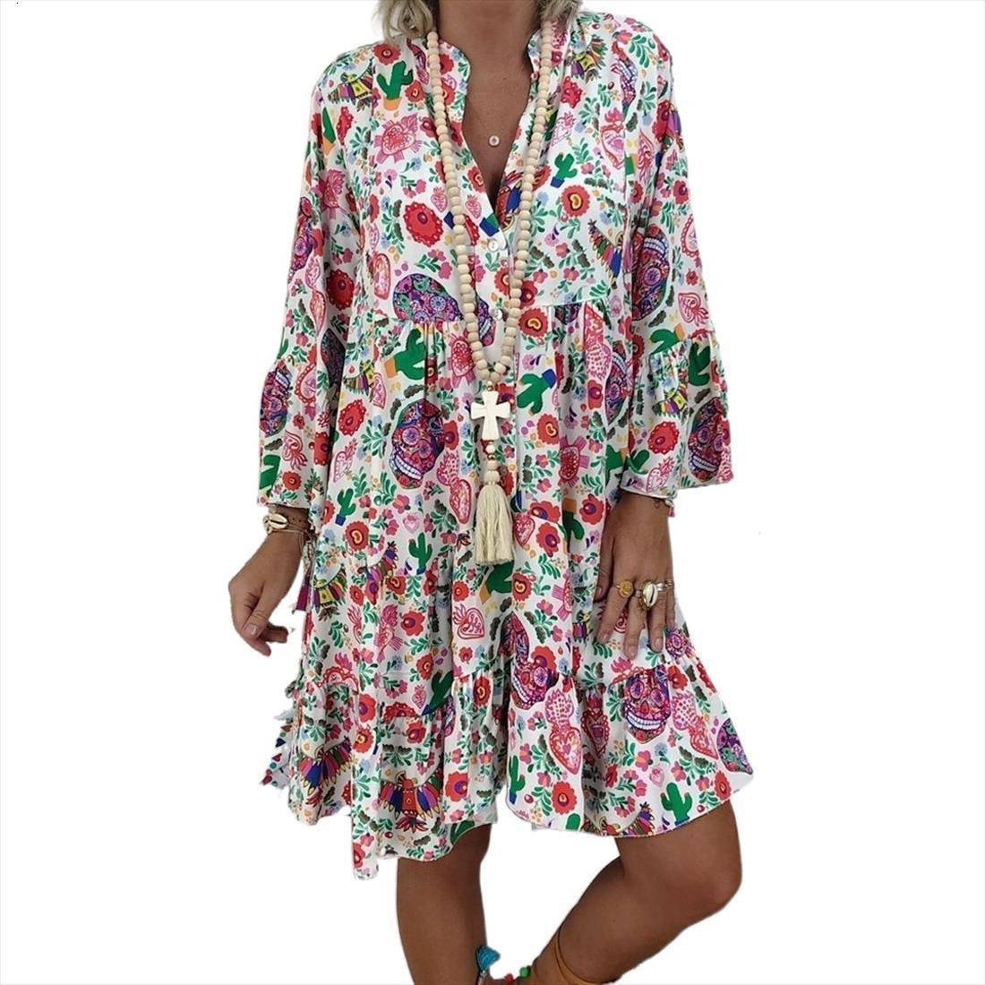 

plus size fashion loose casual womens dresses v neck long sleeve floral print summer dress, Black;gray