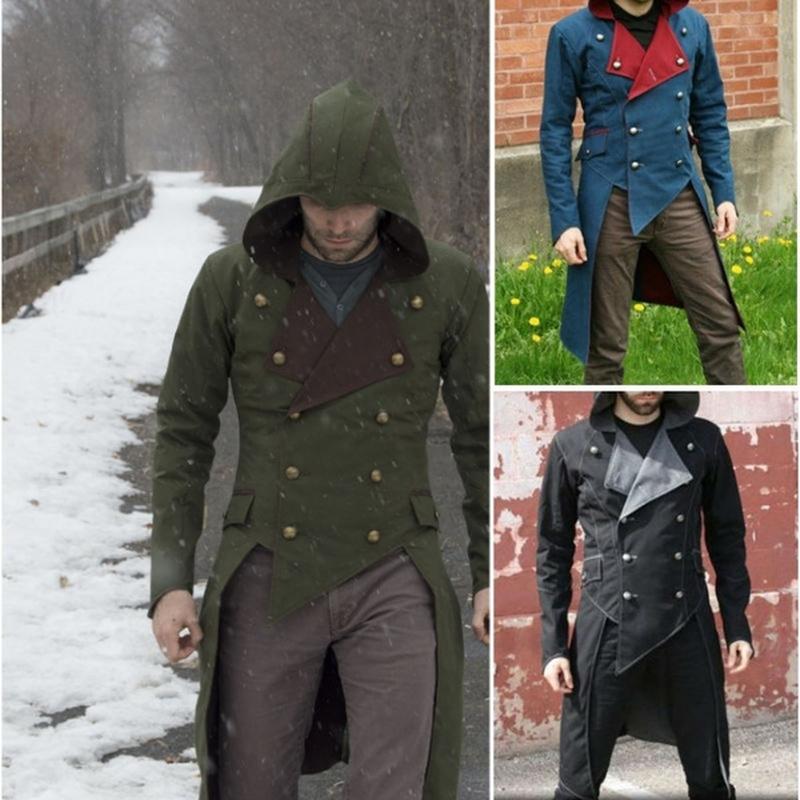 

Men' Jackets Men Slim Fit Patchwork Multi-button Asymmetrical Hem Hooded Jacket Retro Gothic Style Tuxedo Coats Fashion Windbreaker, Bl