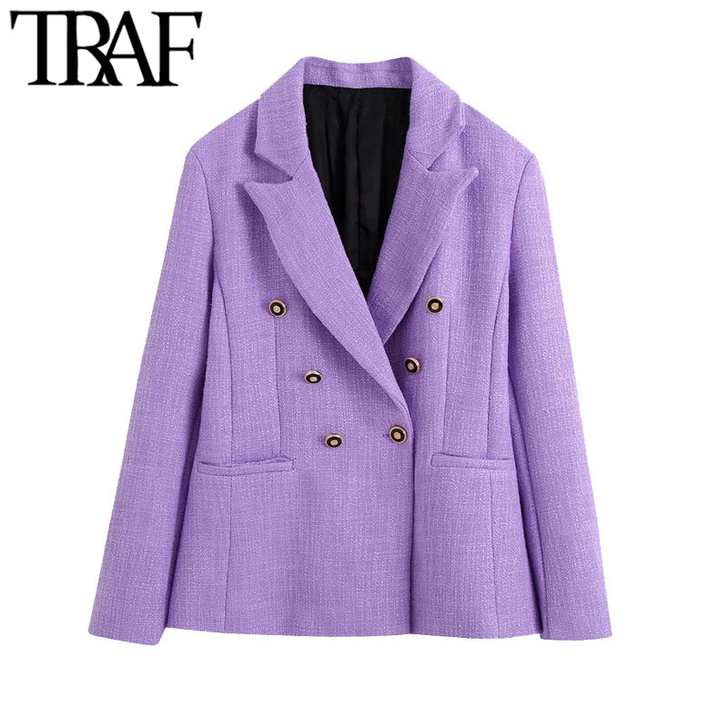 

TRAF Women Fashion Double Breasted Tweed Blazer Coat Vintage Long Sleeve Pockets Back Vent Female Outerwear Chic Tops 210415, As picture