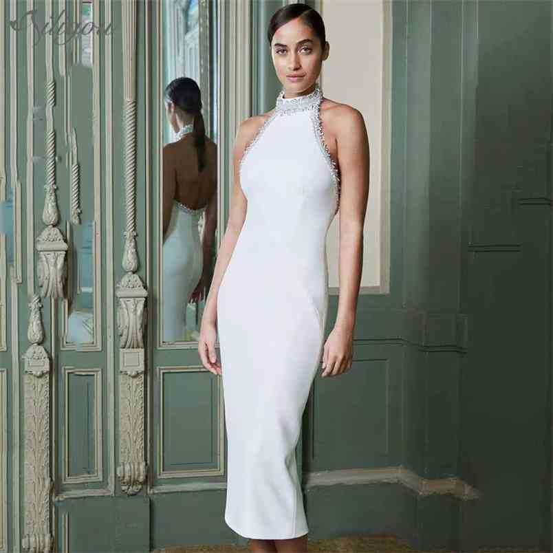 

Summer Style White Ladies Bodycon Bandage Dress Elegant Vest Sexy Beaded Sleeveless Club Celebrity Party 210525