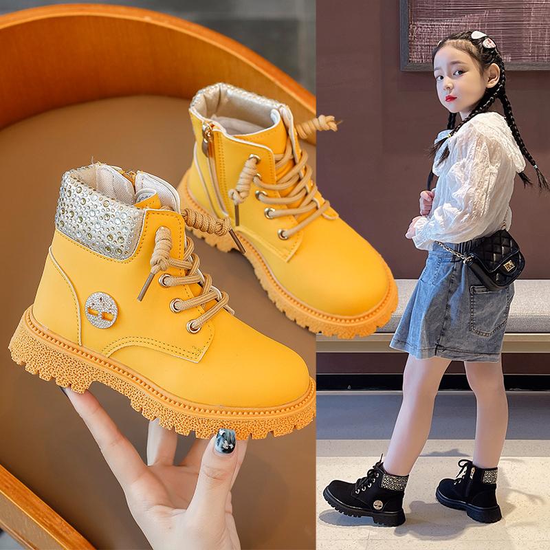 

Boots Autumn 2022 Girls Fashion Shoes Non-slip Children Rhinestone Kids Ankle Booties Winter Retro Yellow Casual