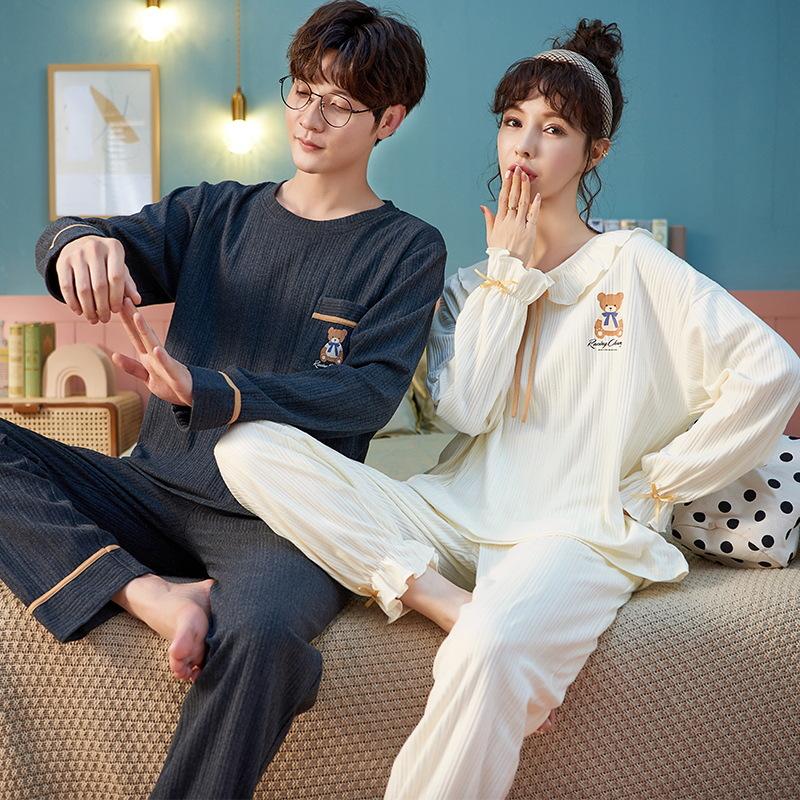 

Men's Sleepwear Winter O-neck Long Sleeve Couple Pajamas Korean Style Bear Cartoon Print Lovers Knitted Cotton 2Piece Women Loungewear, Black;brown