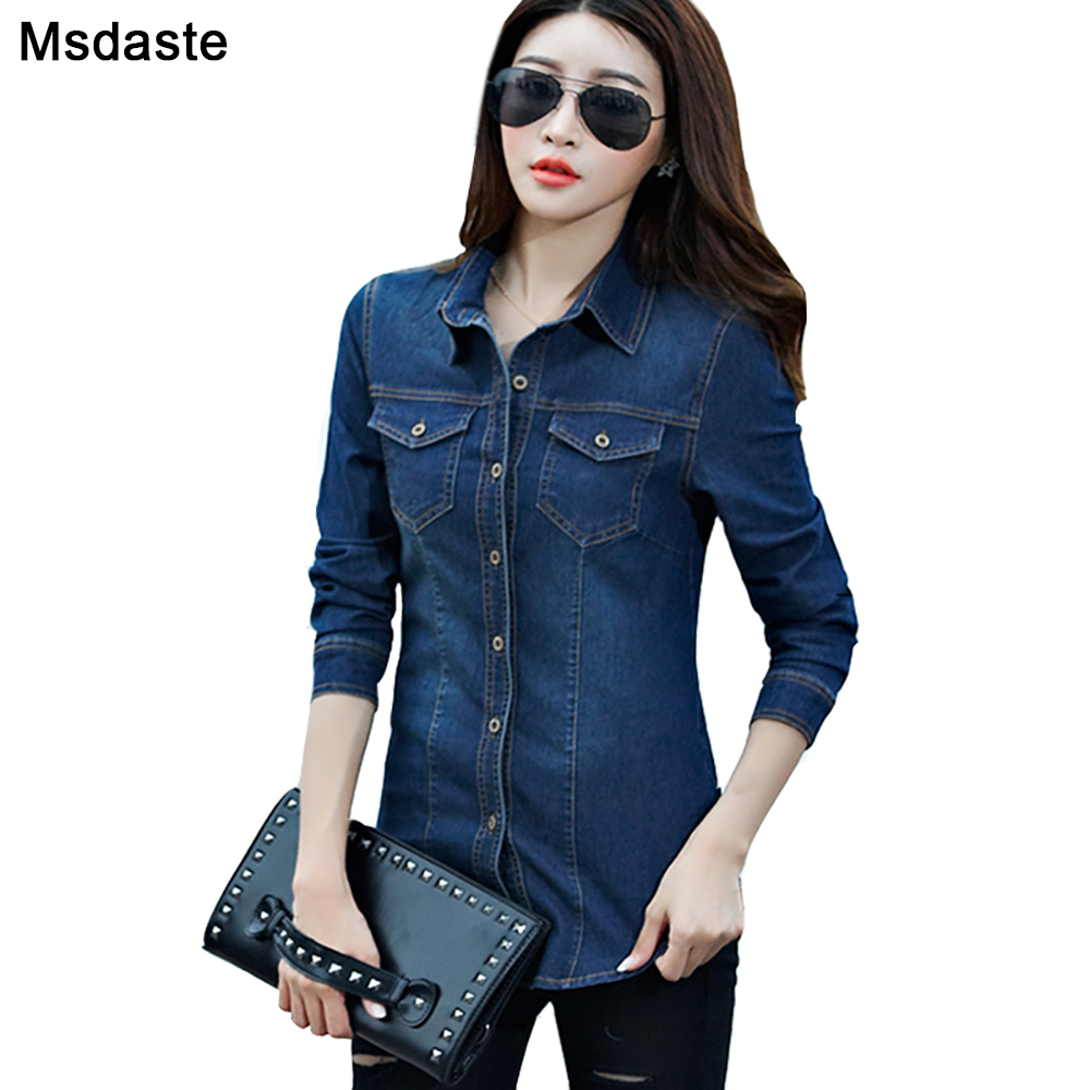 

Jeans Shirt women 2021 Long Sleeve Slim Casual Vintage Elastic Ladies Denim Shirts Tops Blusas Feminina Woman Blouses and Tops, Dark blue