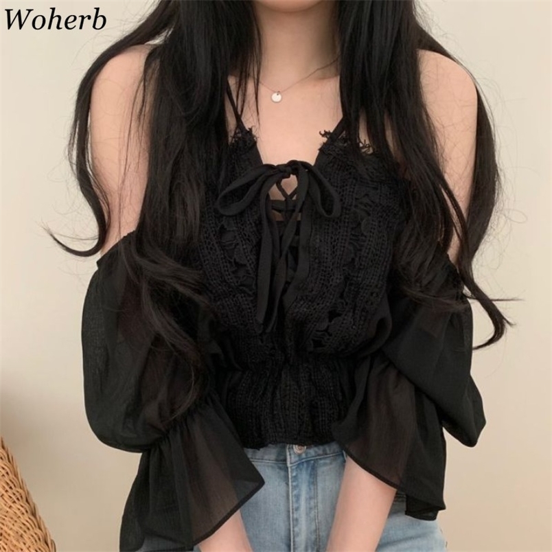 

Off Shoulder Sling Tops Women Lace Patchwork Temperament Shirts Sexy Flare Sleeve Bandage Blouse Summer Slim Waist Blusas 210519, Black