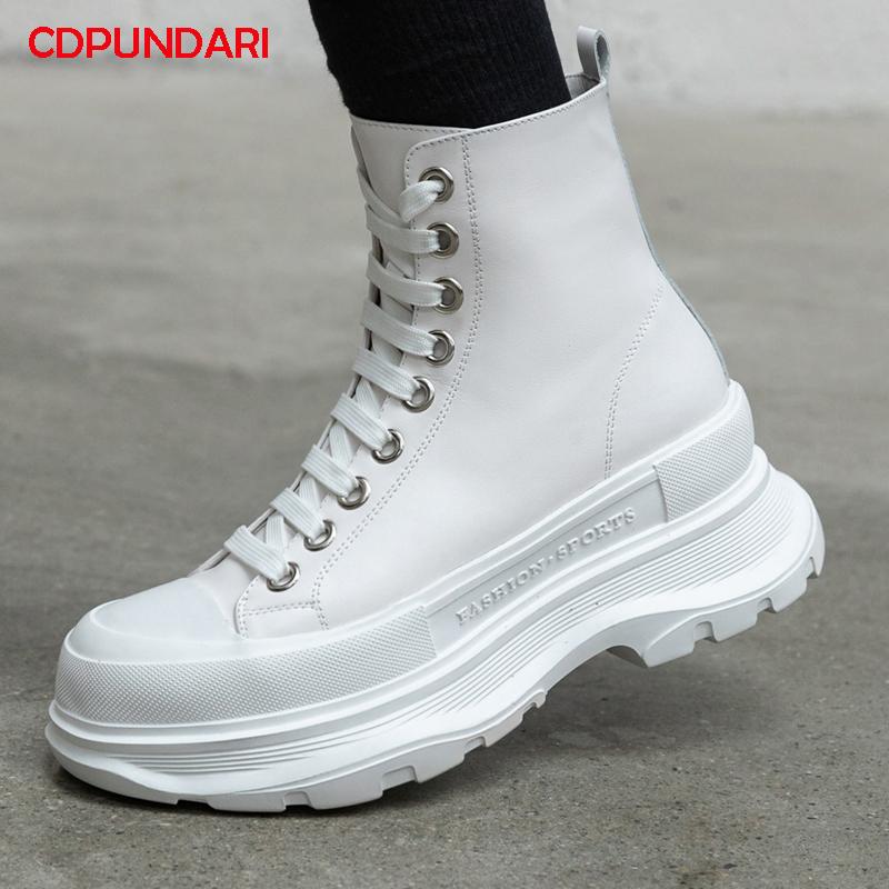 

Black White Genuine Leather Ankle Boots Women Flat Platform Ladies Sneakers Spring Summer Short Shoes Bottines Femme