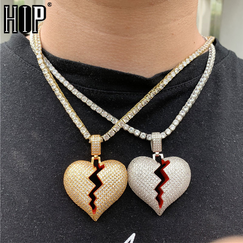 

Hip Hop Iced Out Full Rhinestone Rope Chain Heart Breaking Pendant & Necklace For Men Jewelry Dropshipping X0509