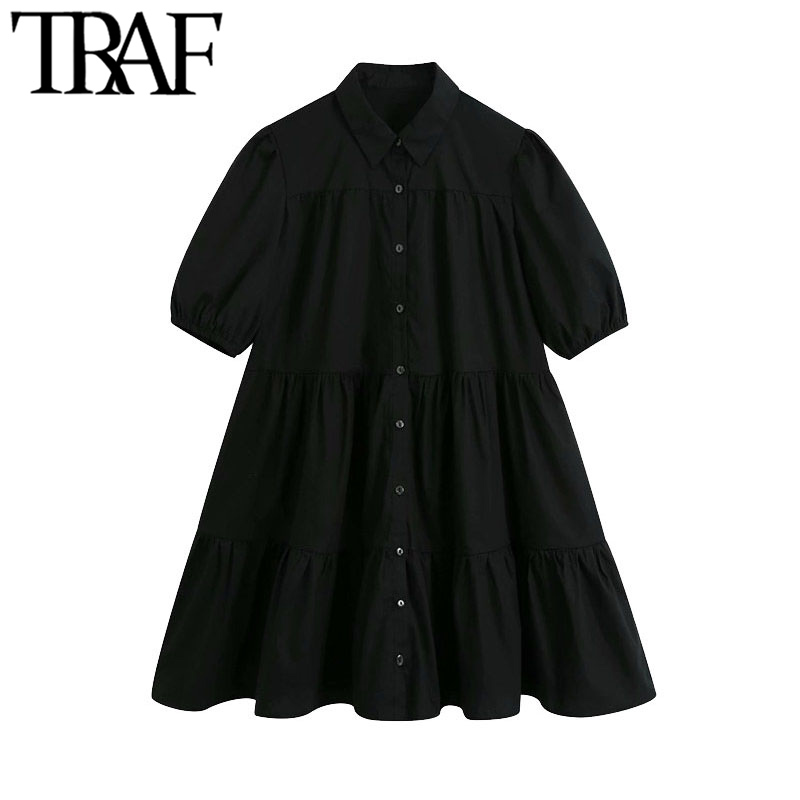 

TRAF Women Chic Fashion Button-up Ruffled Mini Dress Vintage Lapel Collar Puff Sleeve Female Dresses Vestidos Mujer, As picture