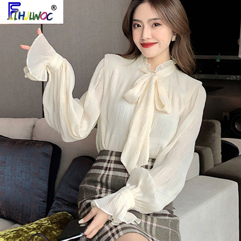 

Bow Tie Tops Women Korean Style Design Clothes Flare Sleeve Elegant Office Lady Cute Ribbon Sweet Basic Shirts Blouses 1627, Apricot