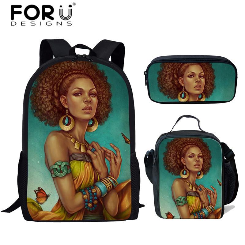 

Fashion Afro Girl School Bags African Goddess Design Women Multi-function Backpacks 3pcs Travel Daypack For Teenager