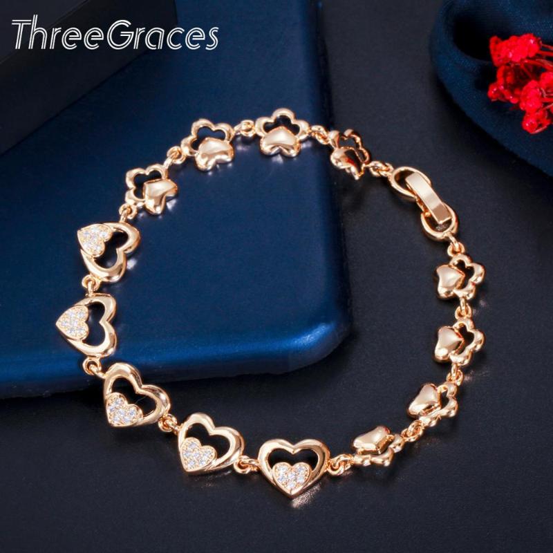 

Link, Chain ThreeGraces Cute Shiny Cubic Zirconia 585 Gold Love Heart Bracelets Bangles For Women Korean Design Trendy Party Jewelry BR143, Black