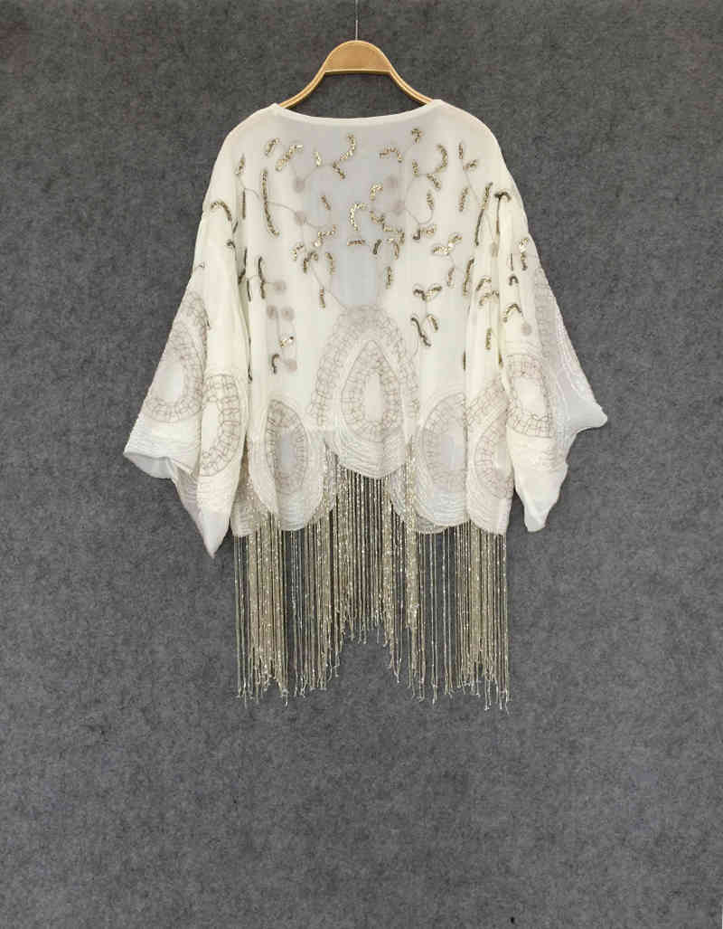 White Cream-colored Cardigan chiffon boho Blouses Handmade beaded tassel Embroidery Casual summer blouse Women Brand Clothing