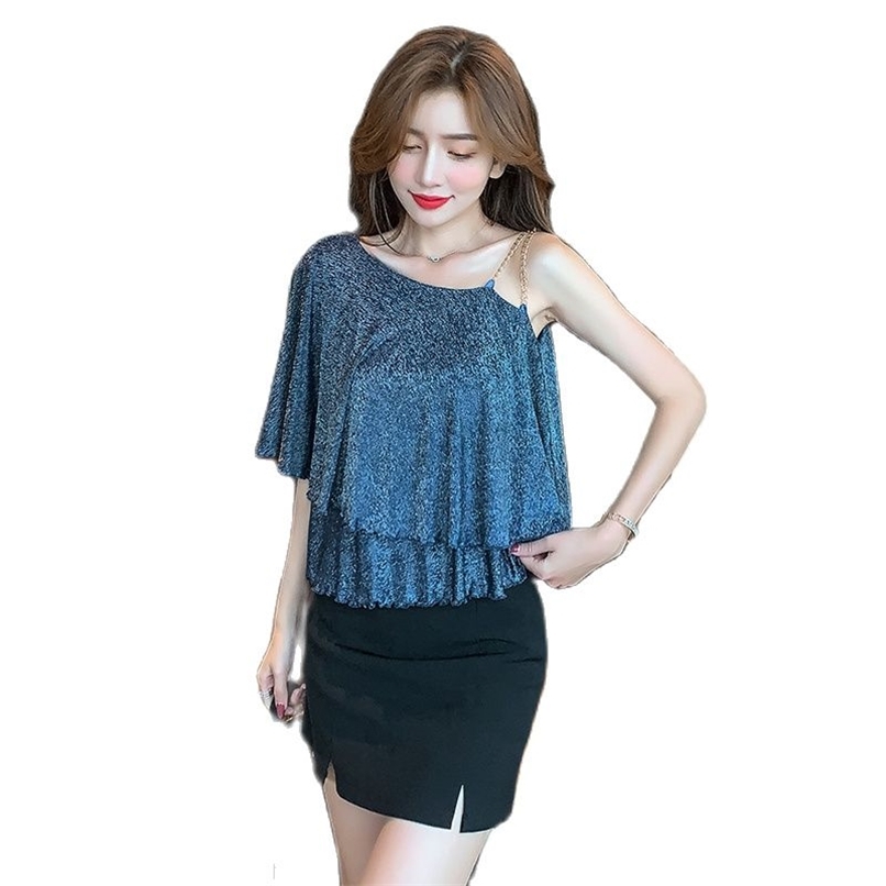 

Chain asymmetric sexy camisole women' wavy edge elastic soft top summer Korean fashion clothing 210520, Blue
