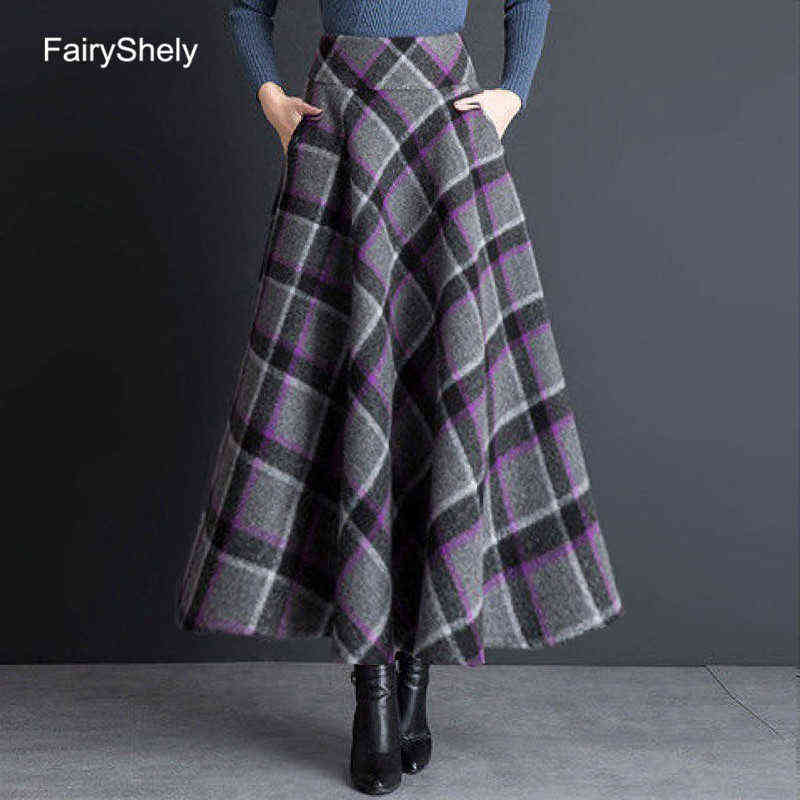 

FairyShely-Falda plisada a cuadros de cintura alta para mujer falda larga lana con bolsillo Vintage talla gran Tweed coreano 221225, Black